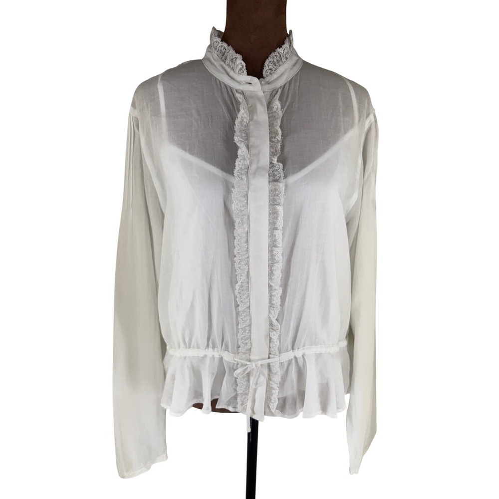 J Crew White Pintuck Lace Trim Blouse Womens L Cotton Victorian Romantic NWT